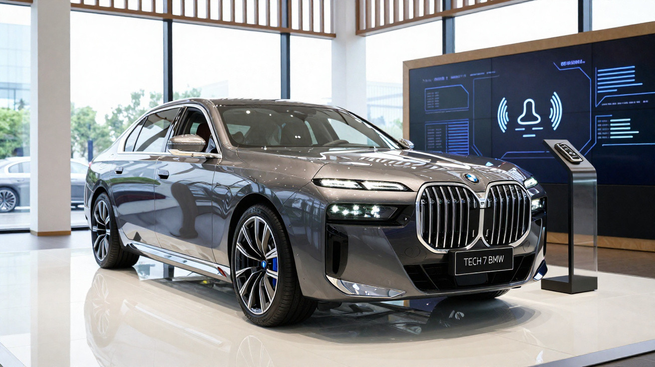 Automóvel BMW cinzento em exposição moderna com janelas grandes e ecrã digital no interior.