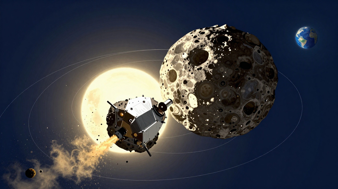 Ilustração de nave espacial perto de asteroide no espaço, com o Sol e a Terra ao fundo.
