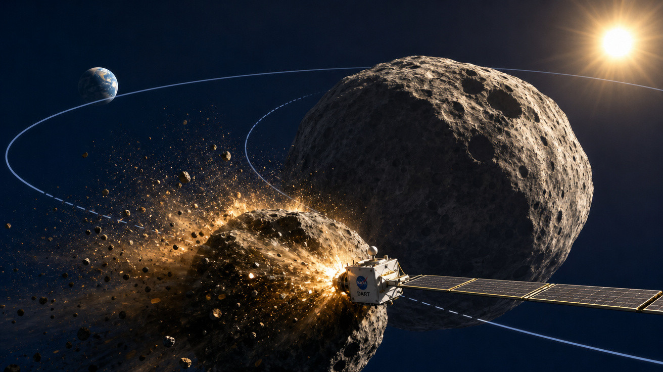 Sonda espacial da NASA colide com asteroide para desviar sua trajetória perto da Terra e do Sol ao fundo.