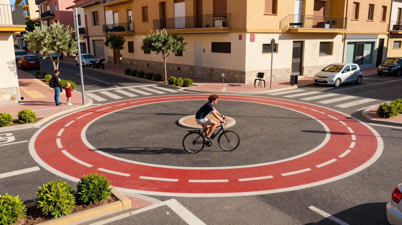 Homem a andar de bicicleta numa rotunda com pista vermelha para ciclistas numa zona urbana residencial.