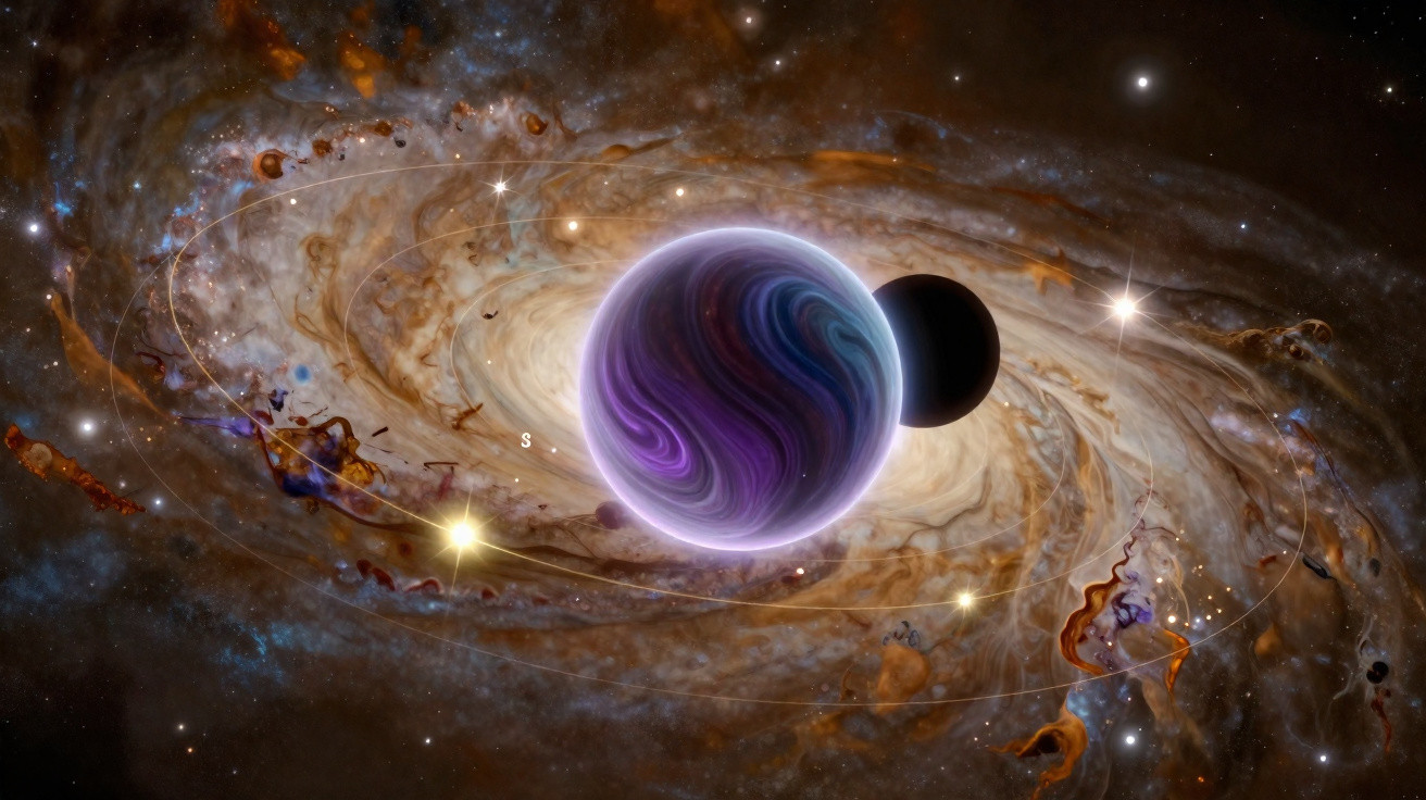 Planetas coloridos em órbita com anéis brilhantes no espaço profundo, rodeados por estrelas e poeira cósmica.
