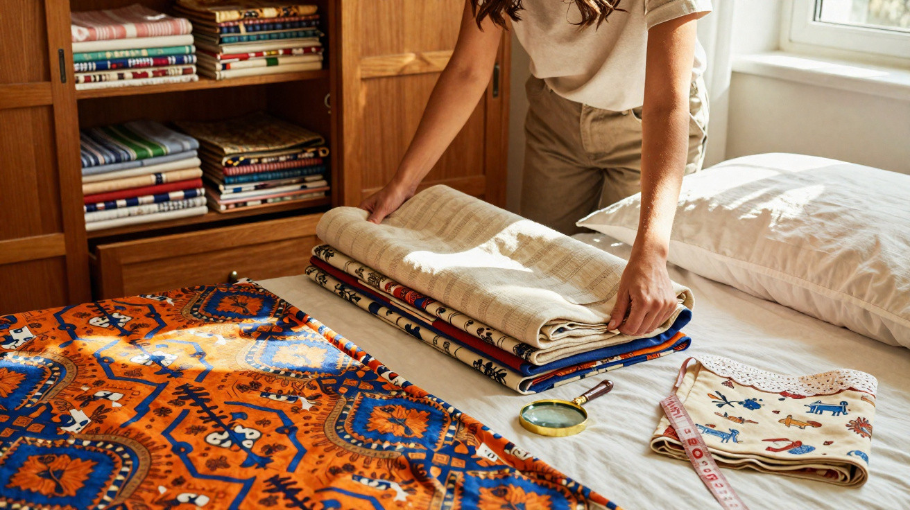 Pessoa a dobrar tecidos coloridos numa cama, com móveis de madeira e luz natural pela janela.