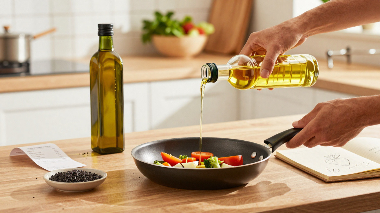 Mãos a verter azeite numa frigideira com legumes numa cozinha moderna e luminosa.