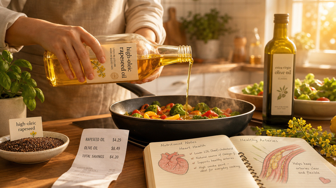 Pessoa a cozinhar com óleo de colza e azeite, com notas sobre saúde e nutrição numa cozinha iluminada.