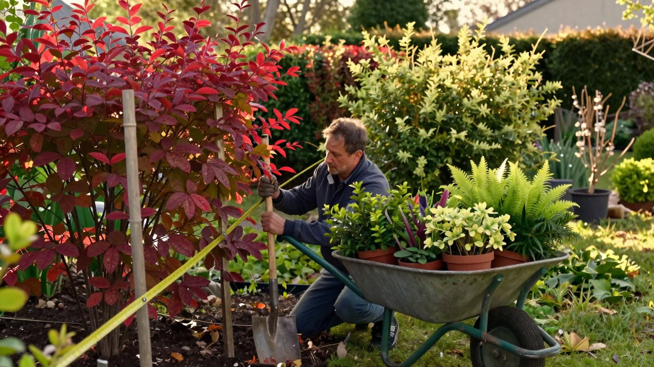 Homem a medir espaço no jardim com fita métrica e carrinho com várias plantas ao lado.
