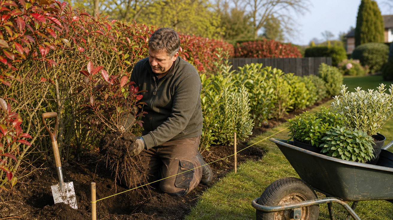 Homem a plantar arbusto vermelho num jardim com carrinho de mão cheio de plantas e ancinho.