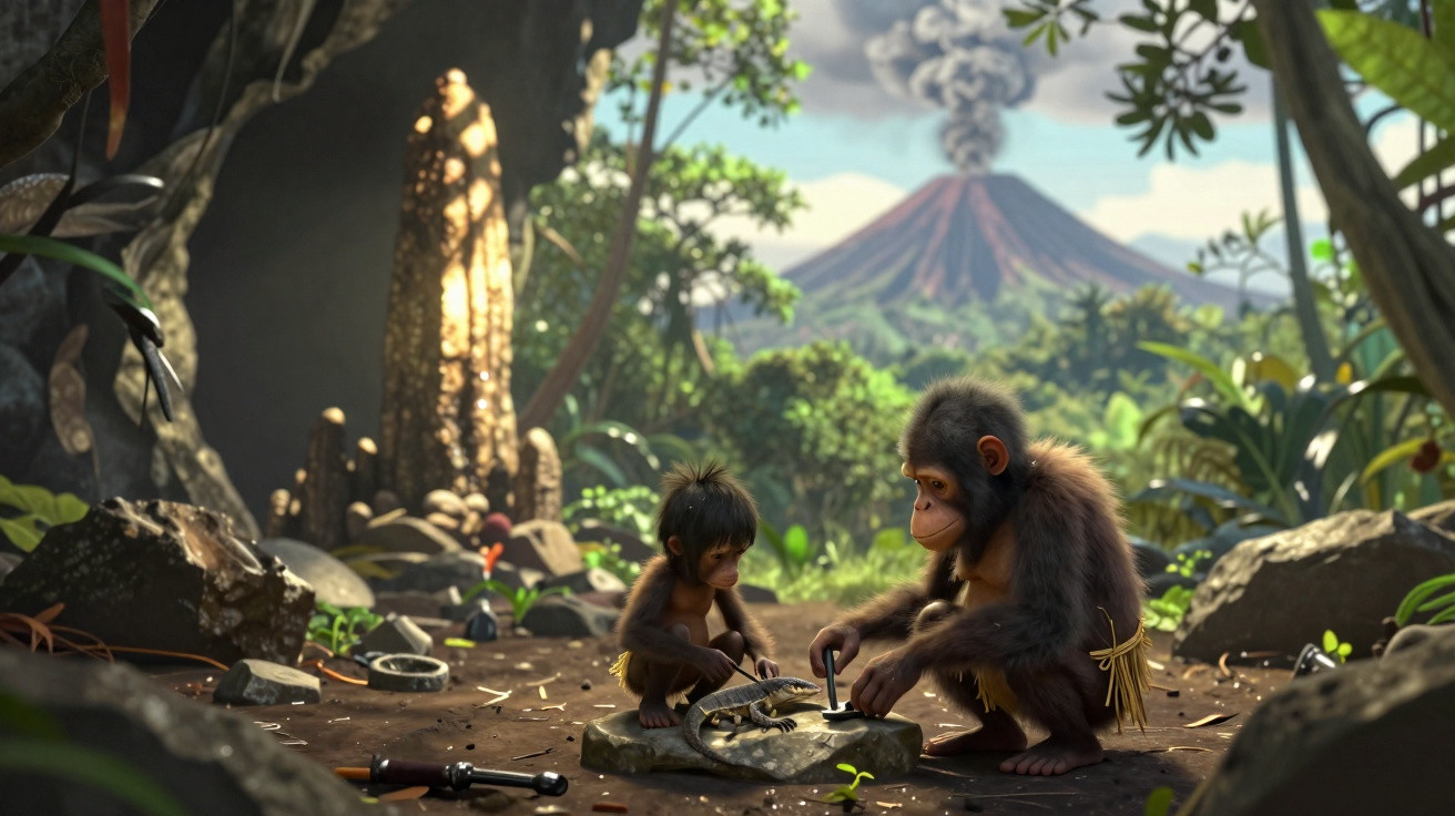 Dois macacos jovens com ferramentas primitivas numa floresta, com um vulcão ativo em erupção ao fundo.