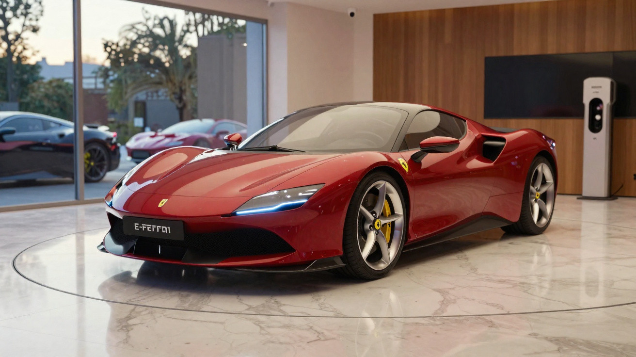Carro desportivo vermelho Ferrari E-Ferrari exposto em salão moderno com chão de mármore.