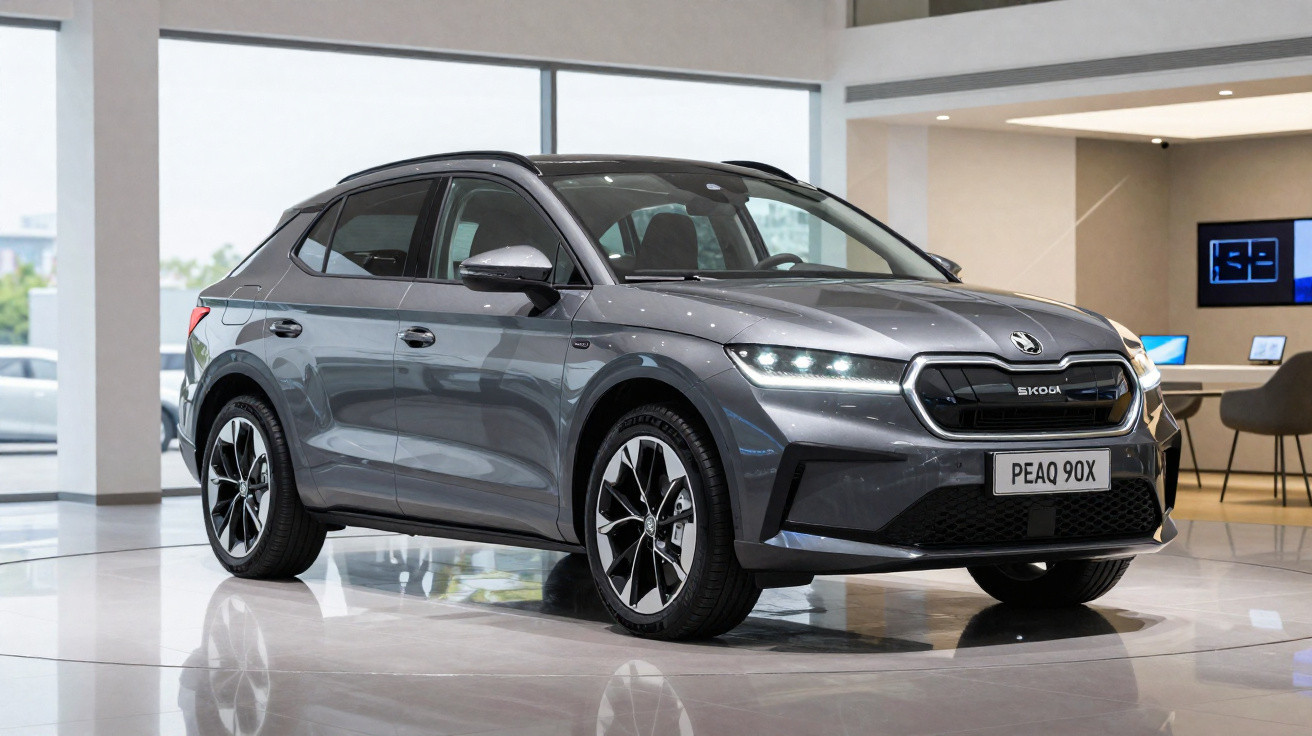 Automóvel cinza elétrico Škoda Enyaq Coupé iV exposto em salão moderno com iluminação natural.