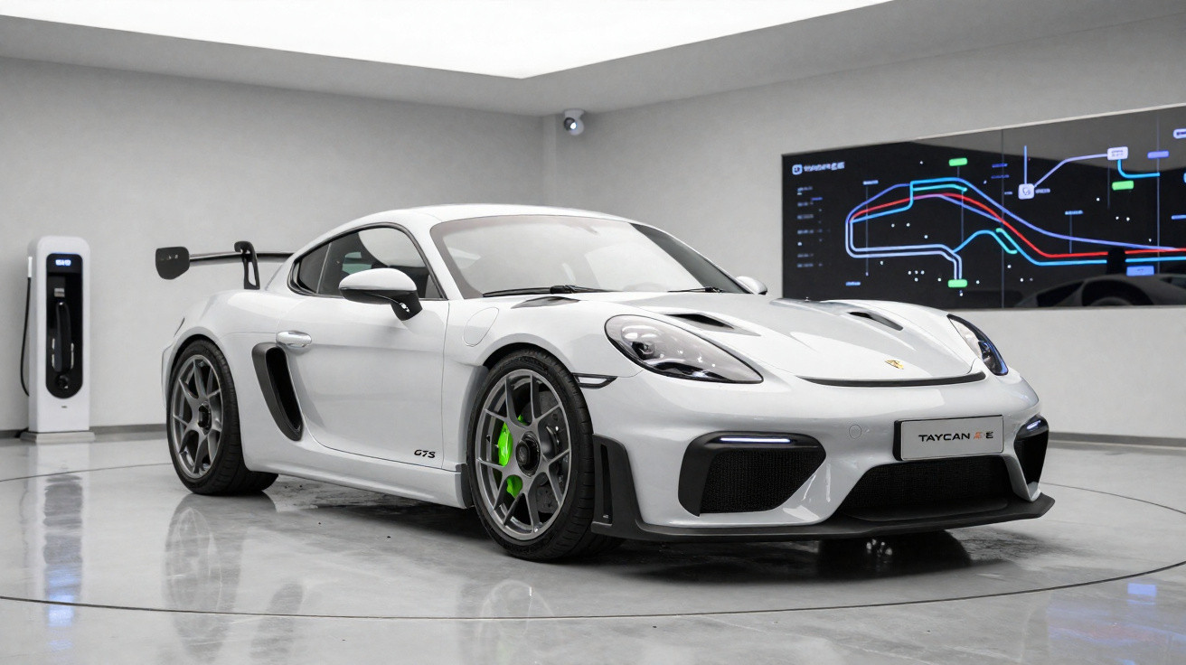 Carro desportivo elétrico Porsche Taycan GTS branco numa sala moderna com posto de carregamento.