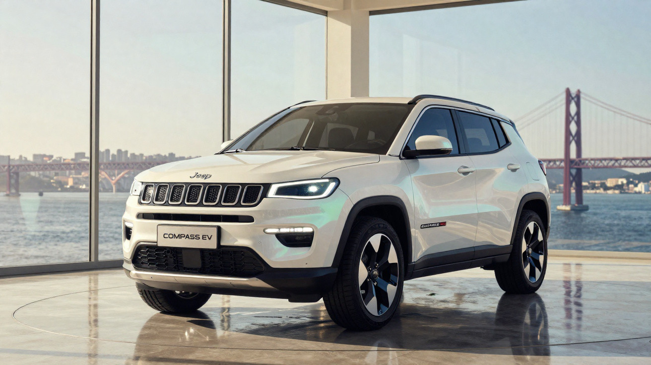Jeep Compass EV branco estacionado em espaço interior com vista para ponte e rio ao fundo.