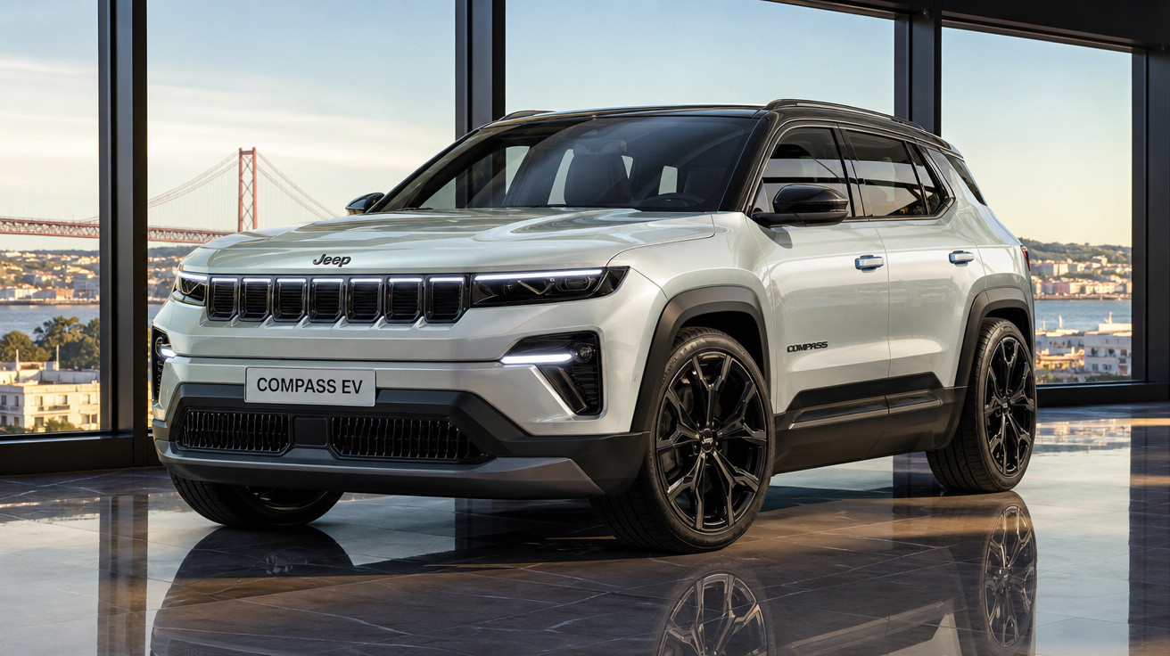 Jeep Compass EV branco estacionado em interior com grandes janelas e vista para uma ponte.