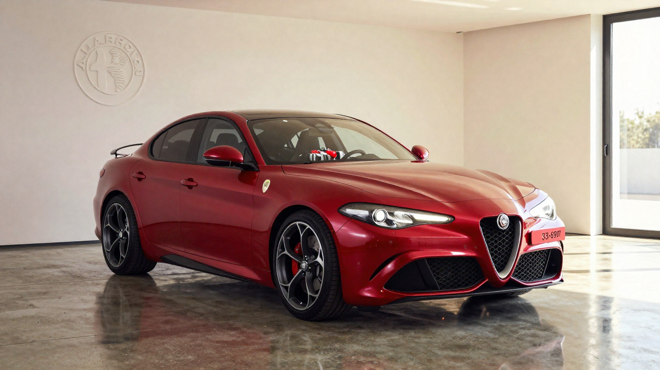 Carro desportivo Alfa Romeo Giulia vermelho em garagem com piso polido e logo da marca na parede.