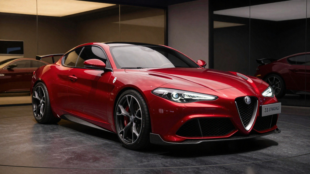 Carro desportivo Alfa Romeo vermelho estacionado numa garagem com paredes espelhadas.