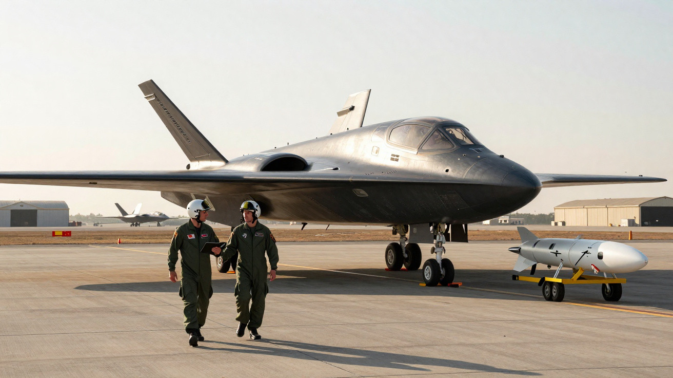 Dois pilotos em fatos de voo caminham junto a um bombardeiro furtivo B-2 Spirit numa pista de aeroporto militar.