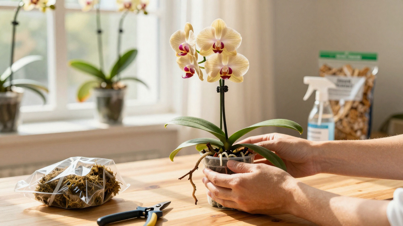 Mãos a cuidar de orquídea amarela num vaso transparente sobre mesa de madeira com ferramentas de jardinagem.