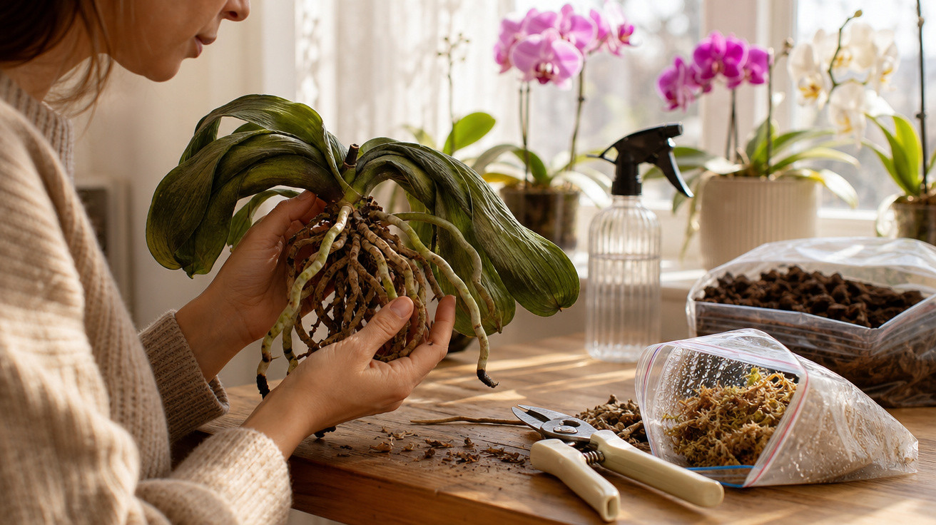 Pessoa a cuidar das raízes de uma orquídea num ambiente com outras orquídeas e ferramentas de jardinagem.
