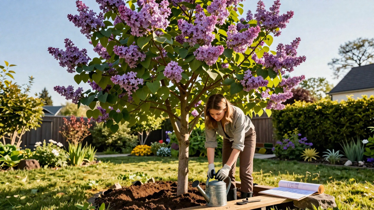 Mulher a regar uma árvore florida com flores lilases num jardim ensolarado.