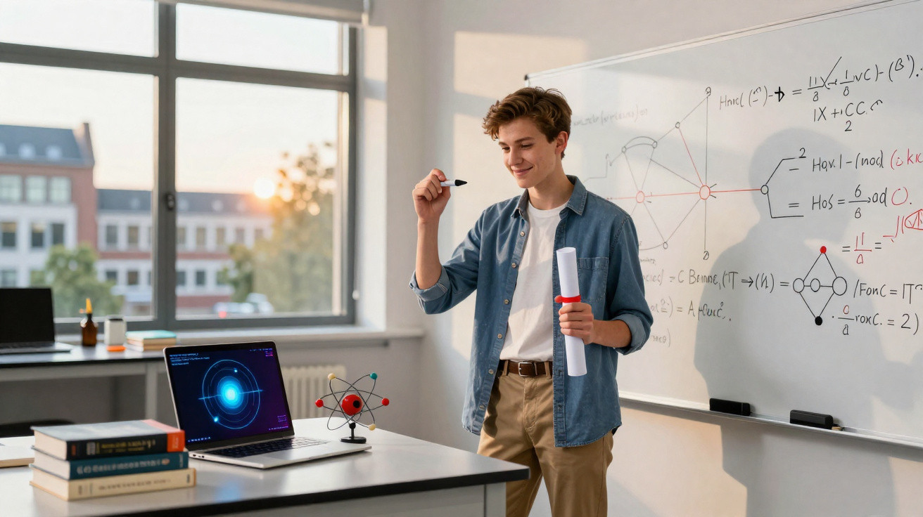 Jovem em sala de aula com quadro branco, segurando um papel e apontando para fórmulas matemáticas.