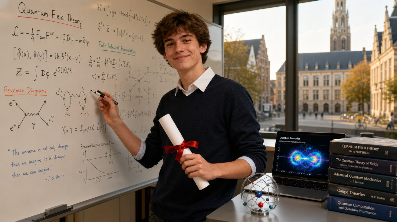 Jovem sorridente escrevendo fórmulas de teoria quântica num quadro branco, com livros e laptop sobre física numa mesa.