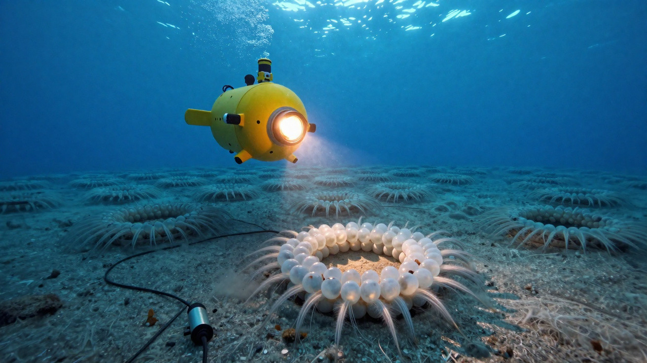 Veículo subaquático amarelo com luz a explorar criatura marinha circular branca no fundo do oceano.