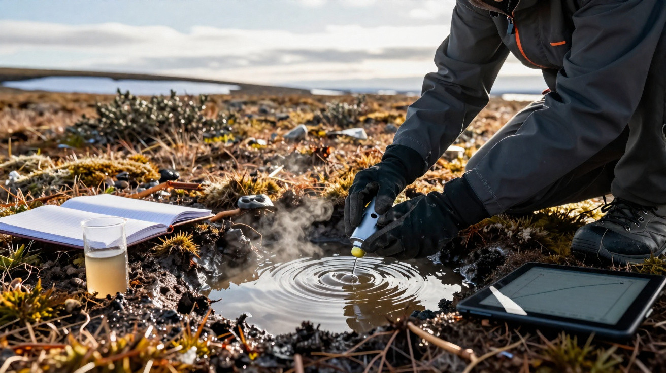 Pessoa a recolher amostra de água de lagoa gelada em ambiente natural com caderno, copo e tablet ao lado.