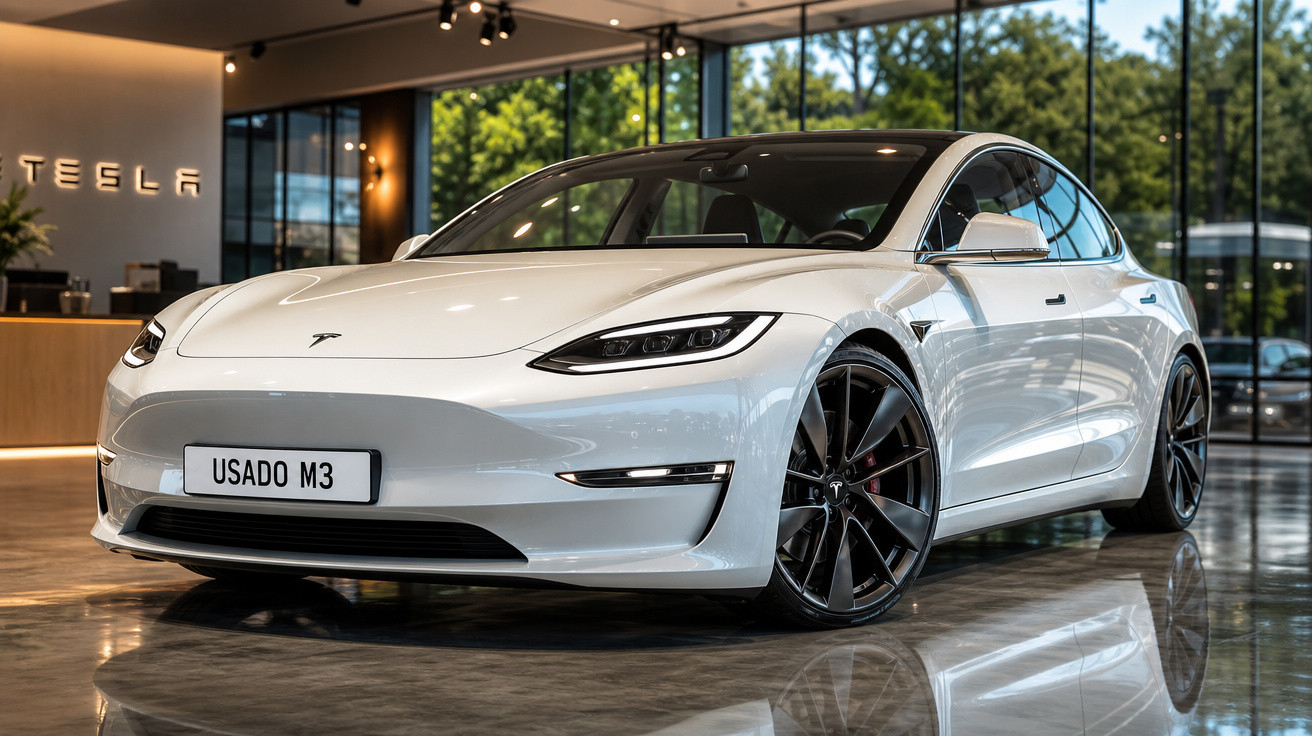 Carro elétrico Tesla Model 3 branco exposto numa garagem moderna com grandes janelas de vidro.