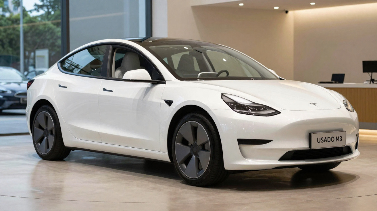 Carro elétrico branco Tesla Model 3 usado num espaço interno moderno e iluminado.