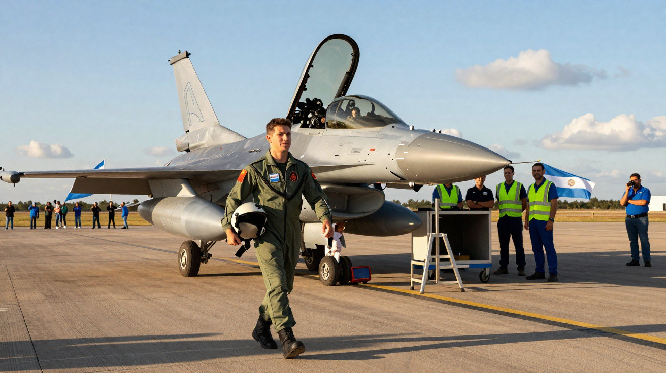 Piloto militar com fato verde e capacete na mão caminha junto a caça F-16 estacionado na pista de um aeródromo.