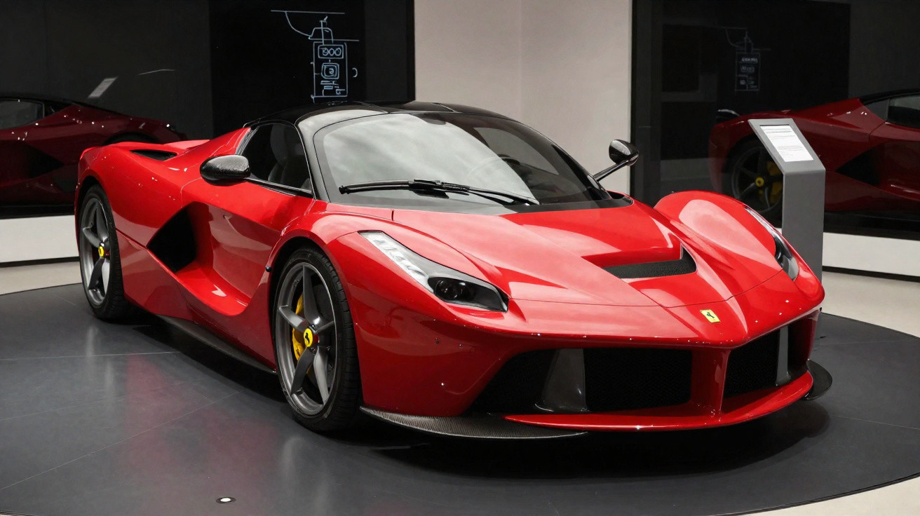 Carro desportivo vermelho Ferrari estacionado em exposição com acabamento brilhante e detalhes pretos.