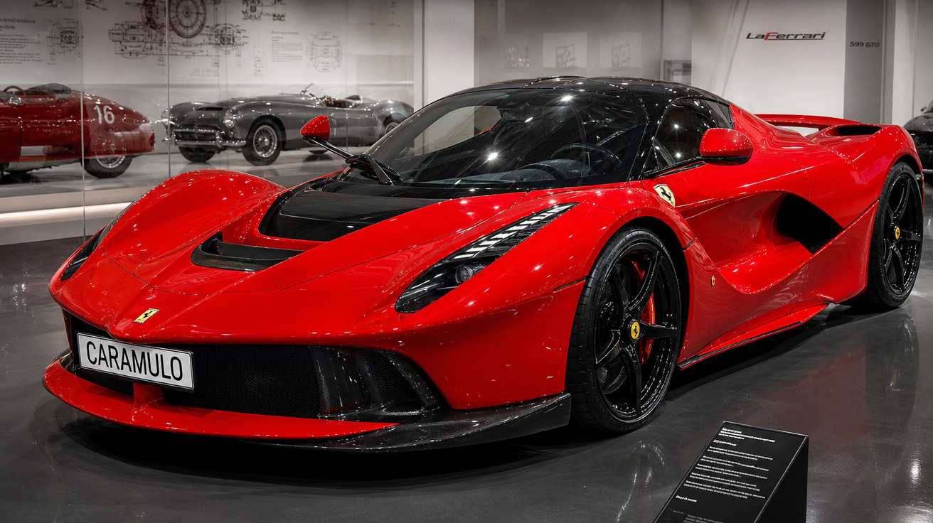 Carro desportivo vermelho Ferrari LaFerrari exposto em museu com carros clássicos ao fundo.