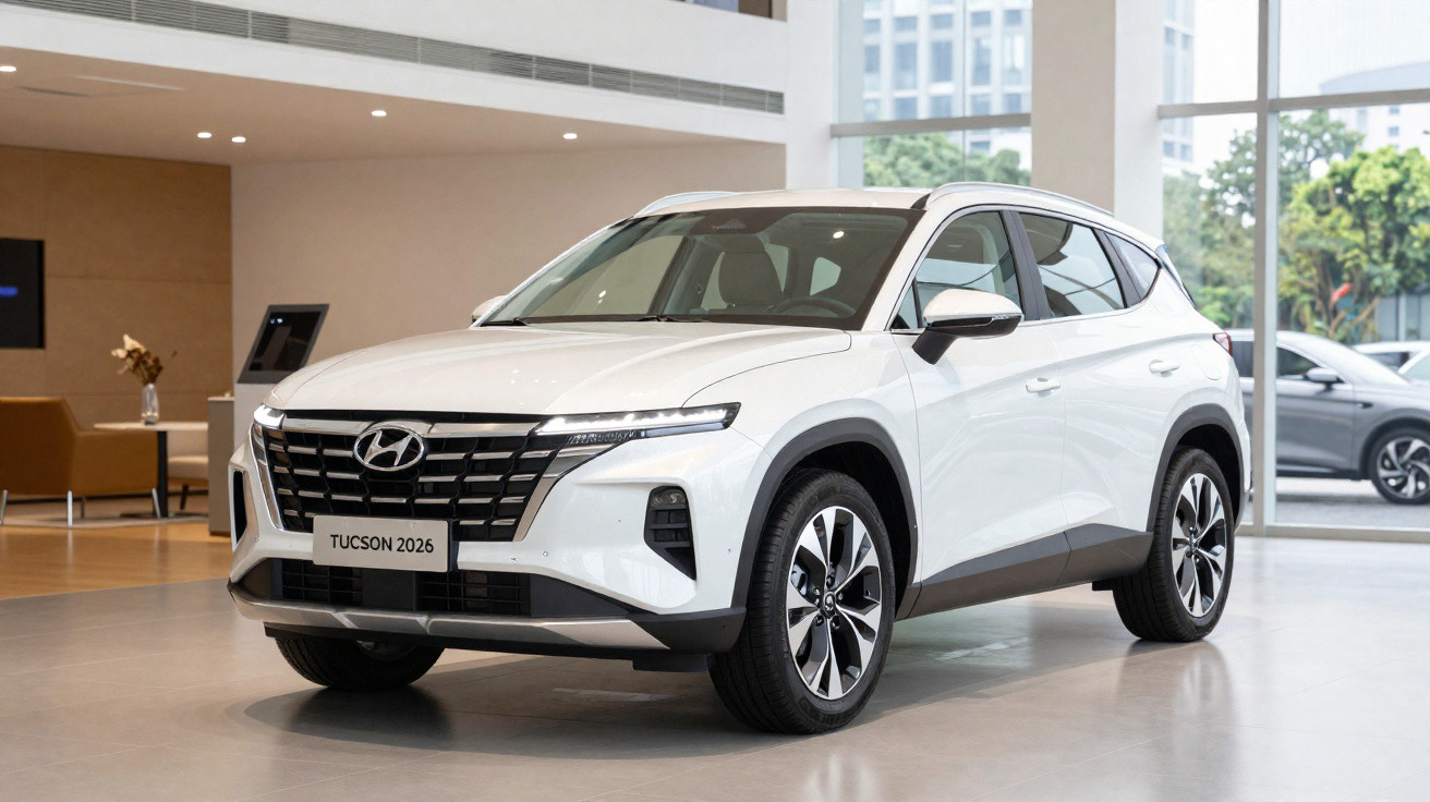 Carro SUV Hyundai Tucson 2026 branco exposto num salão moderno com grandes janelas e piso cinzento.