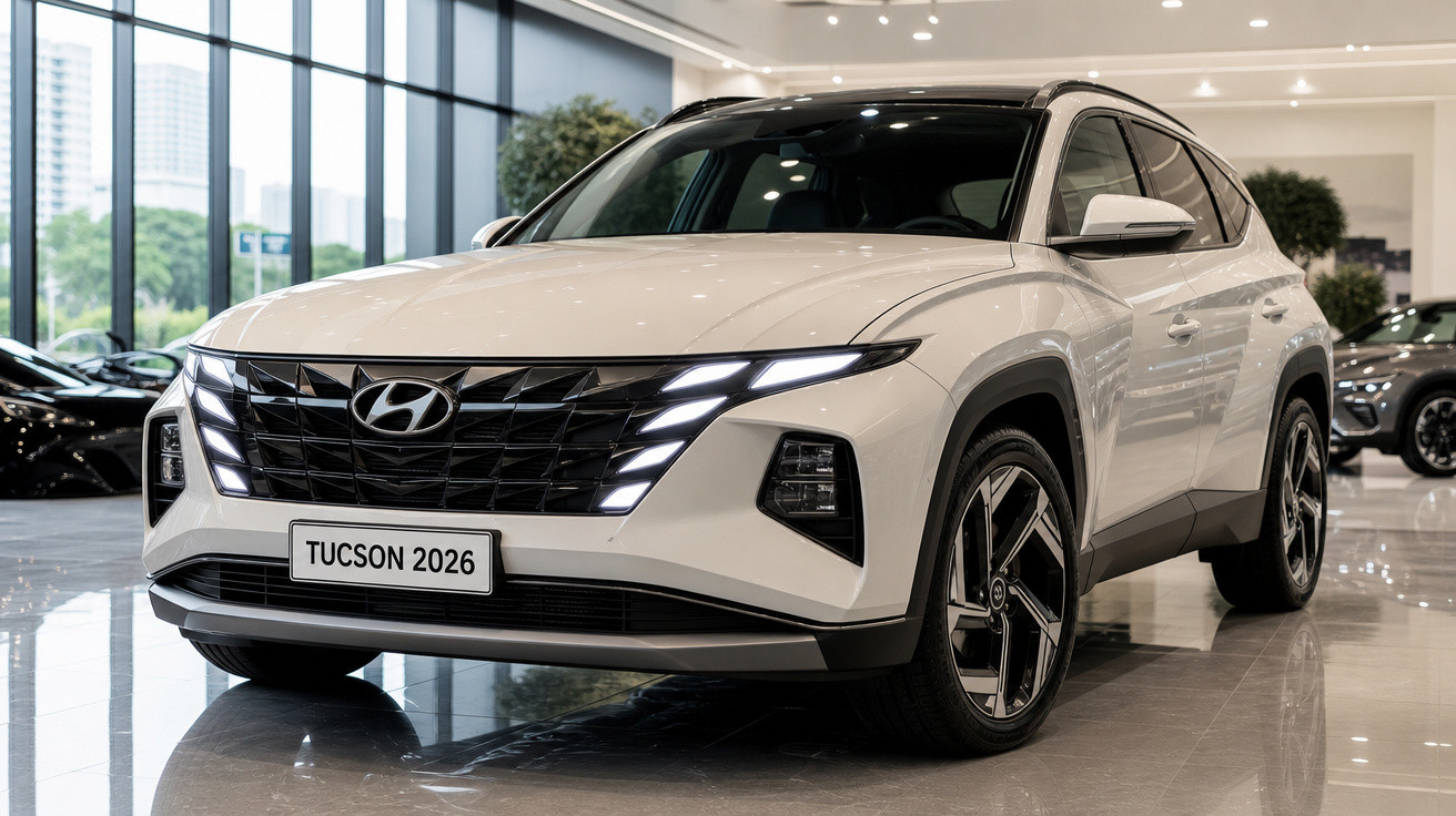 Hyundai Tucson 2026 branco estacionado em salão de automóveis moderno com luz natural.