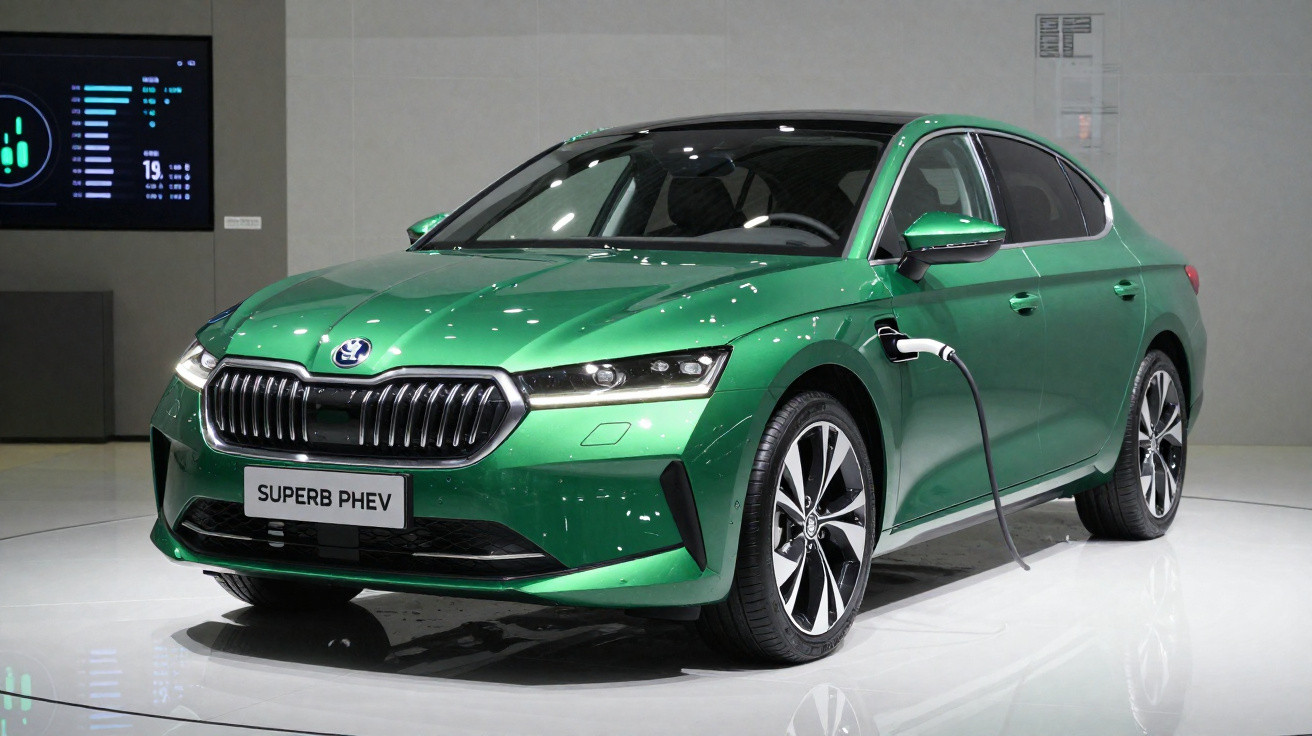 Carro elétrico verde metálico Škoda Superb PHEV a carregar numa exposição automóvel.