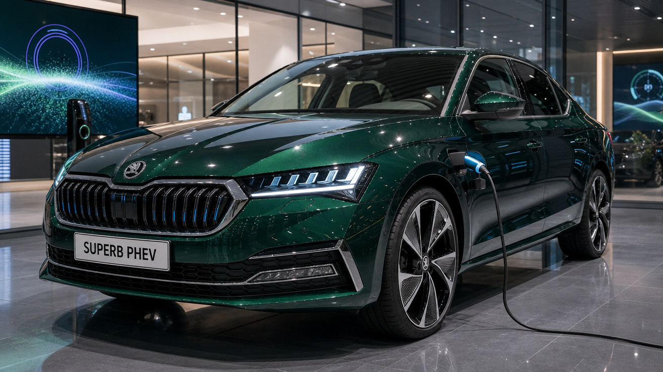 Carro híbrido elétrico verde Skoda Superb PHEV a carregar numa exposição moderna.