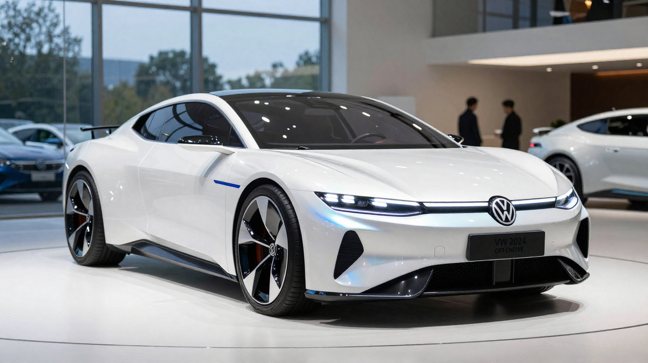 Carro elétrico desportivo branco Volkswagen ID. Aero numa exposição automóvel moderna.