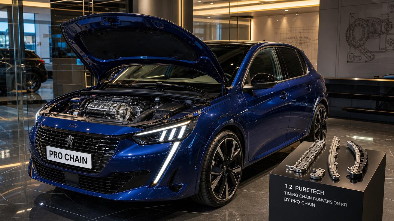 Carro azul com capot aberto numa exposição, ao lado de kit de corrente de distribuição em exposição.
