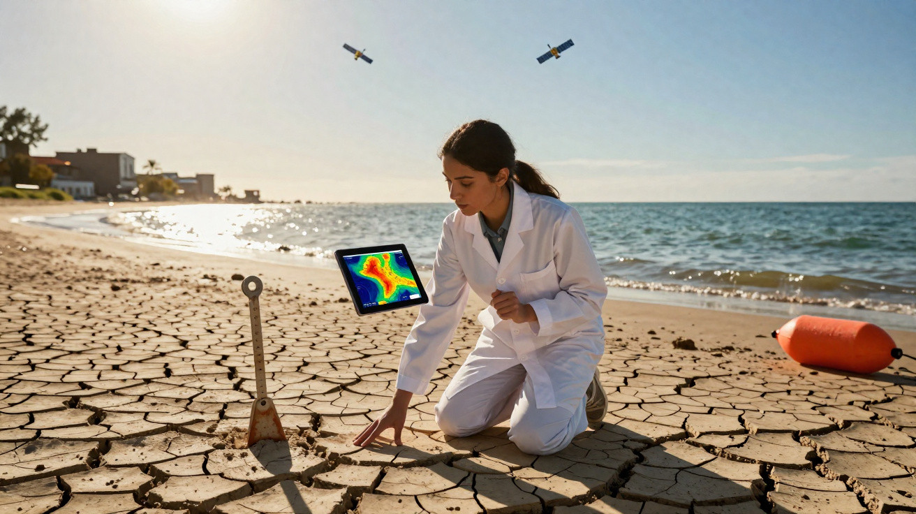 Cientista em roupa branca estuda solo rachado junto ao mar com tablet a mostrar mapa térmico digital.