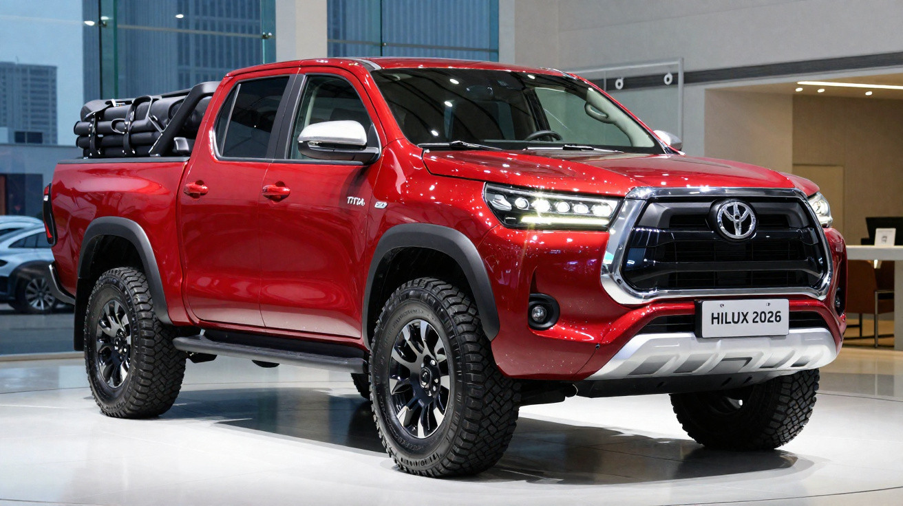 Pick-up Toyota Hilux vermelha 2026 estacionada em show-room com rodas off-road e bancos traseiros rebatidos.