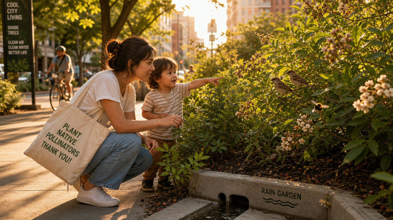 Mulher e criança observam pássaros num jardim urbano com luz dourada ao entardecer.