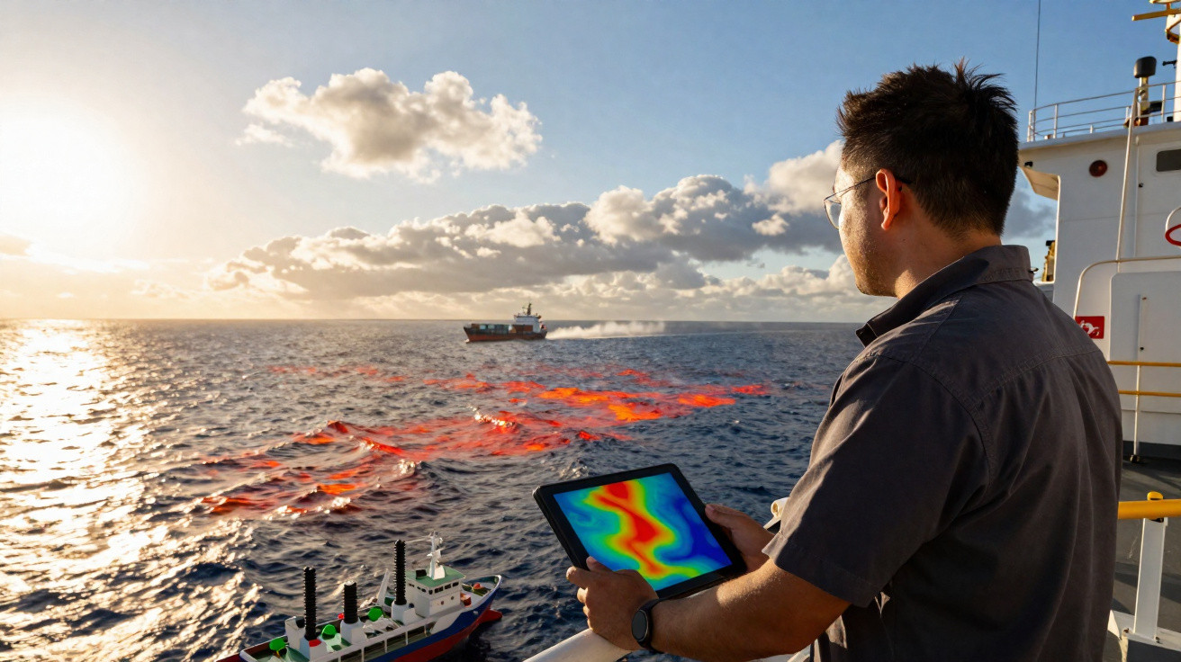 Homem observa no mar dados coloridos num tablet a bordo de navio, com outro navio ao fundo durante pôr do sol.