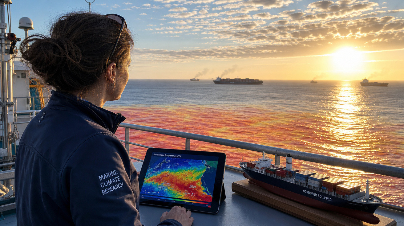 Mulher observa o mar ao pôr do sol enquanto analisa dados climáticos numa tablet a bordo de um navio.