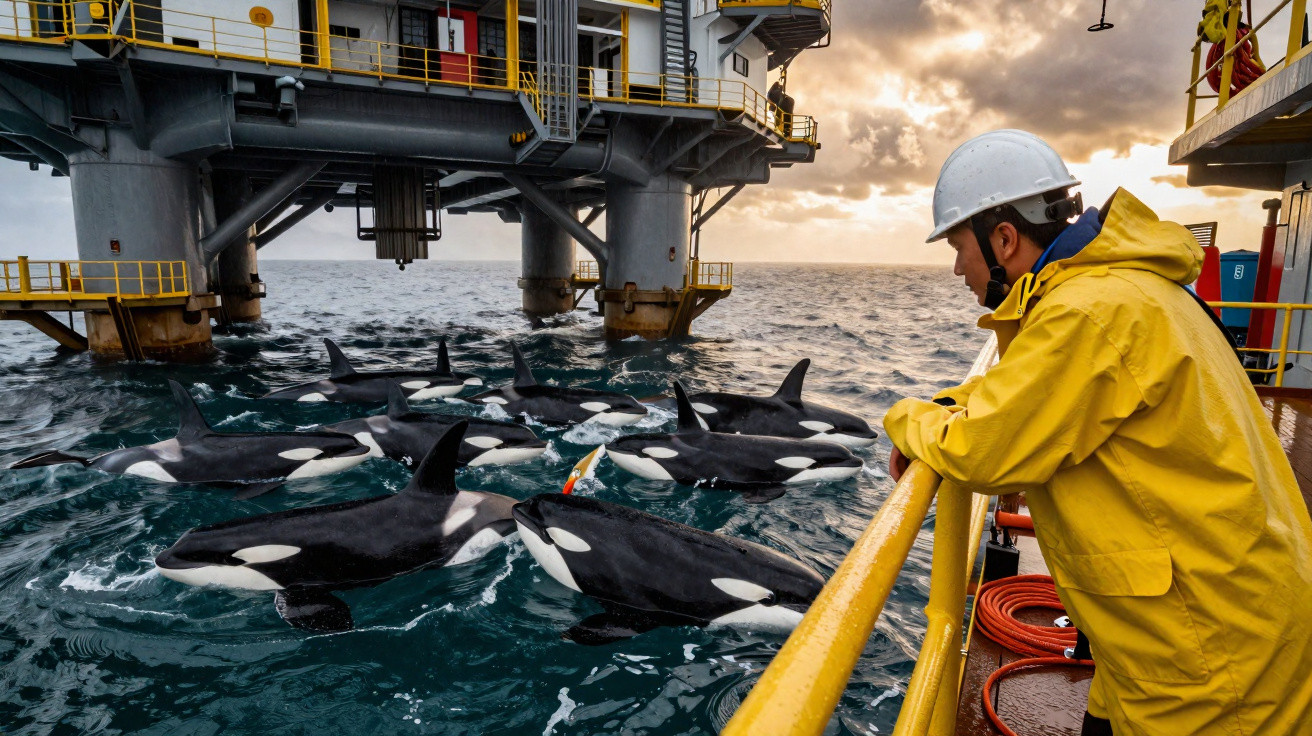Trabalhador com fato amarelo e capacete observa grupo de orcas junto a plataforma petrolífera no mar.