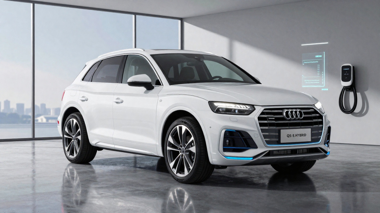 Audi Q5 Hybrid branco estacionado numa garagem moderna com carregador elétrico na parede.