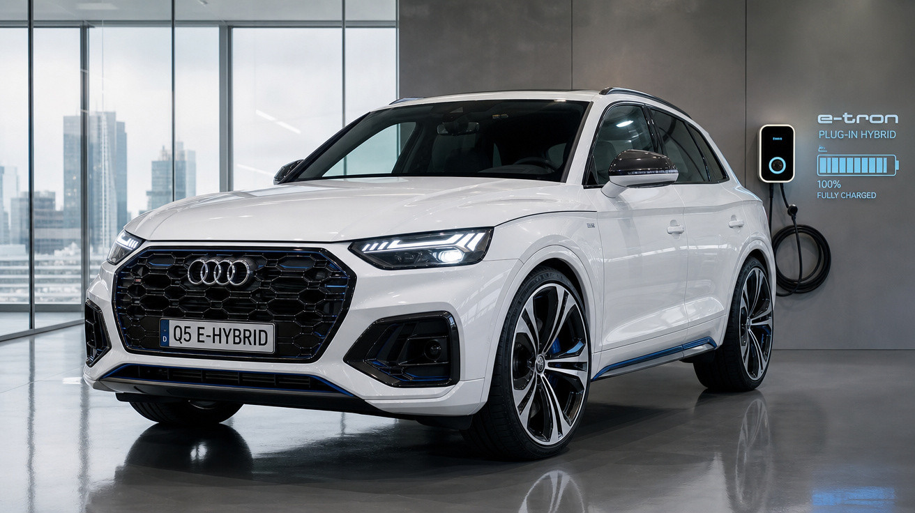 Carro Audi Q5 e-Hybrid branco em espaço moderno, ligado a estação de carregamento elétrico.
