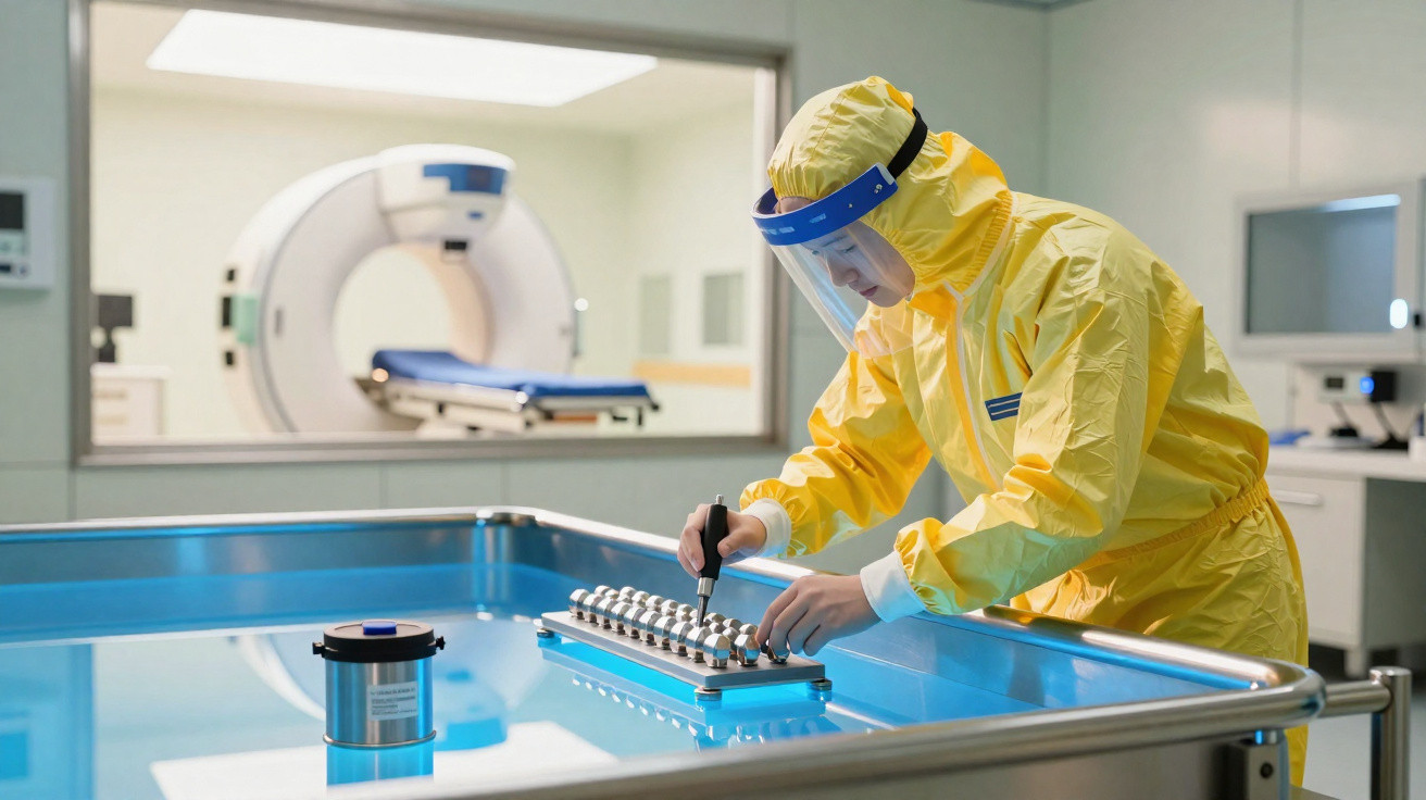 Técnico em equipamento de proteção amarelo ajusta componente em sala limpa com máquina de ressonância magnética ao fundo.