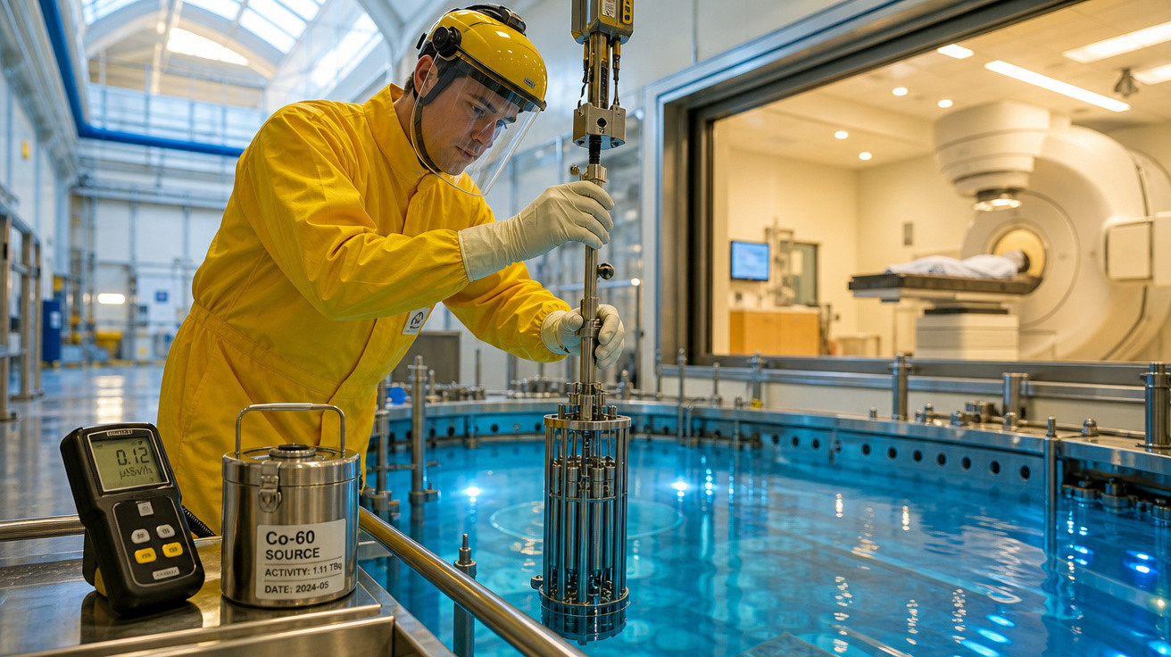 Técnico em equipamento de proteção a manipular material radioactivo junto a piscina de combustível nuclear em laboratório.