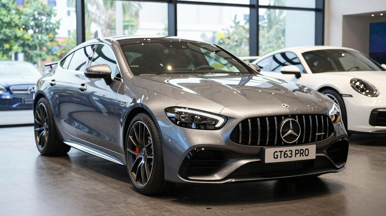 Carro Mercedes-Benz cinzento metálico apresentado numa concessão moderna com outro carro branco ao fundo.