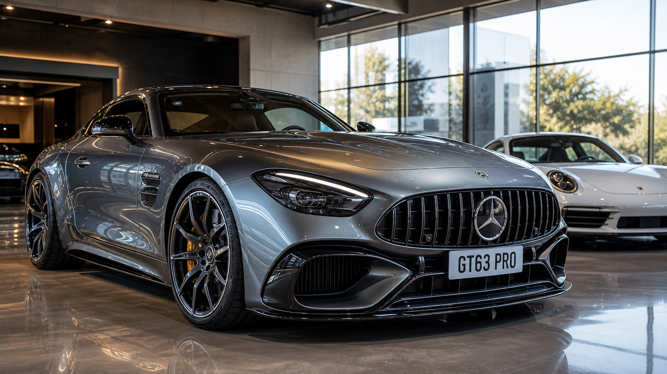 Carro desportivo Mercedes cinzento estacionado em interior com janelas grandes e outro carro branco ao fundo.