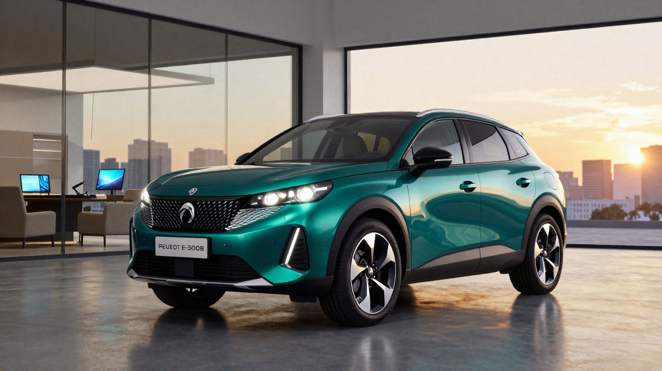 SUV Peugeot E-3008 verde num espaço moderno com grandes janelas e vista urbana ao pôr do sol.